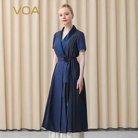 VOA真丝提花青果领撞料乔其拼接明线装饰绑带收腰短袖桑蚕丝外套图片