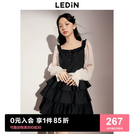乐町气质U领浪漫连衣裙2023年秋季新款黑白拼接连衣裙三层蛋糕裙商品大图