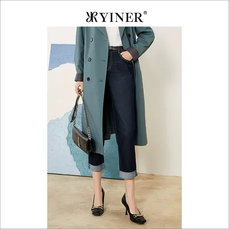 YINER音儿专柜女装2022春季新款亮丝抓纹翻边牛仔裤图片