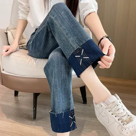 九分卷边烟管牛仔裤女2024年秋季新款弹力拼色小个子法棍直筒裤子商品大图