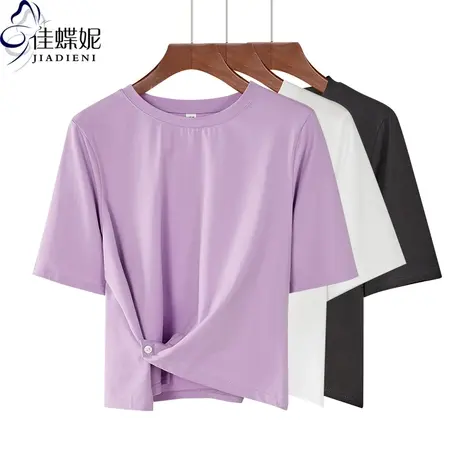 夏季新款韩版纯棉宽松休闲高腰短款圆领短袖体恤上衣女装纯色T恤商品大图