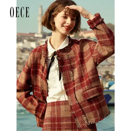 Oece秋冬新款女装 复古小香风流苏圆领落肩格纹呢子短外套图片