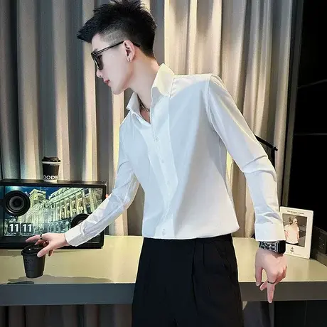 2023春秋季新款百搭长袖衬衫男高级感韩版休闲发型师痞帅纯色衬衣图片