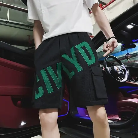 夏季男士2023新款时尚个性字母刺绣休闲透气百搭潮牌五分沙滩短裤商品大图