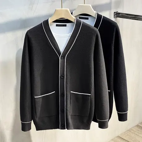 毛衣外套男秋装新款针织开衫男韩版潮流外穿条纹休闲宽松百搭开衫商品大图