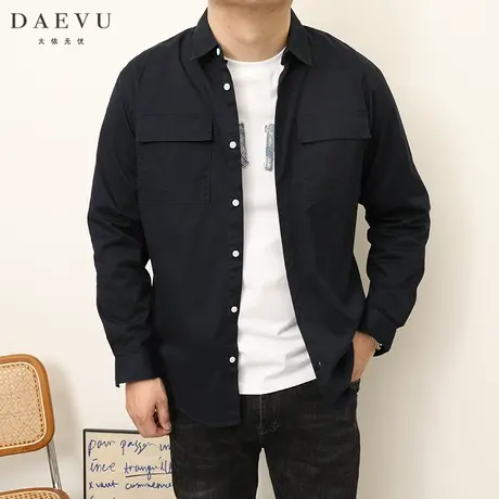 DAEVU春秋款藏蓝工装韩版大号潮胖子加肥加大码男士长袖衬衫衬衣商品大图