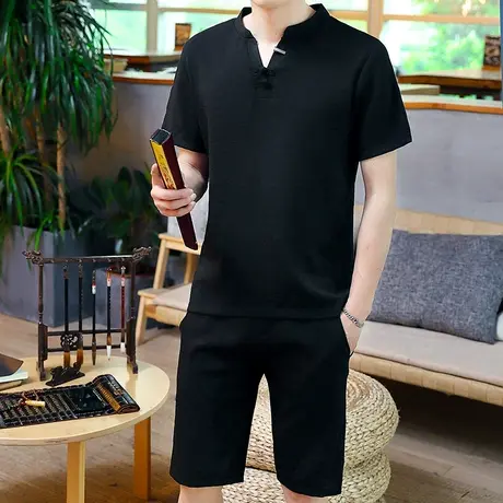 2023新款夏季棉麻套装男潮流亚麻中国风短袖T恤男装一套衣服夏装商品大图