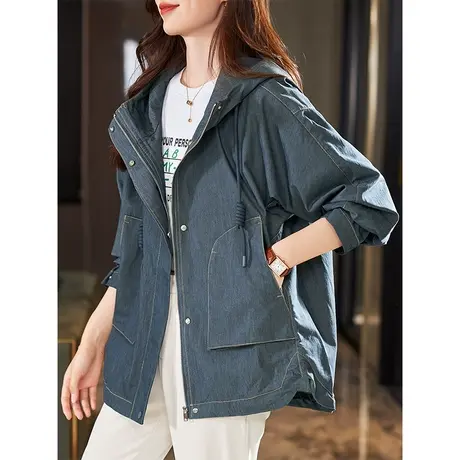 宝诗黎连帽蝙蝠袖棉质拉链上衣2024春季新款宽松牛仔外套休闲开衫商品大图