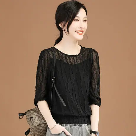 韩潮袭人2024夏装新款七分泡泡袖袖雪纺衫女漂亮小衫中袖蕾丝上衣图片