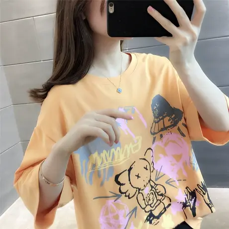 夏季潮流ins嘻哈涂鸦手绘印花个性宽松圆领短袖T恤韩版女士体恤衫商品大图