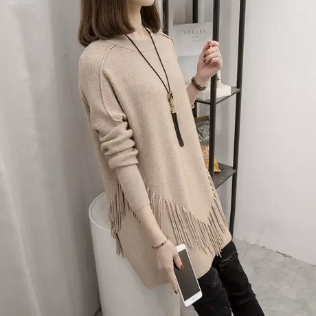 圆领流苏毛衣女套头2023秋冬新款针织衫宽松外穿上衣加厚打底衫潮商品大图