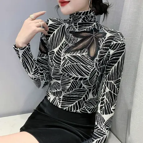 加绒打底衫女秋冬加厚保暖长袖T恤复古印花洋气小衫性感镂空上衣图片