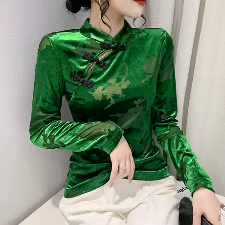 网纱拼接丝绒打底衫女春秋国风复古盘扣上衣修身减龄气质T恤长袖商品大图