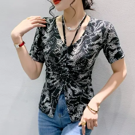夏季不规则开叉短袖T恤女性感V领小衫洋气印花网纱上衣收腰半袖潮商品大图