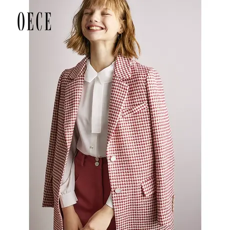 Oece春装新款 复古千鸟格纹英伦帅气翻领气质西装外套图片