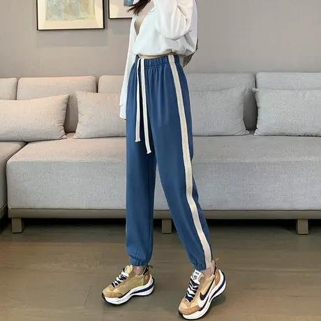 蓝色运动裤女宽松束脚卫裤春秋季2023年新款高腰显瘦抽绳休闲裤子商品大图