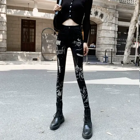加绒牛仔裤女修身显瘦欧洲站时尚涂鸦铅笔裤秋冬印花小脚花裤子潮商品大图