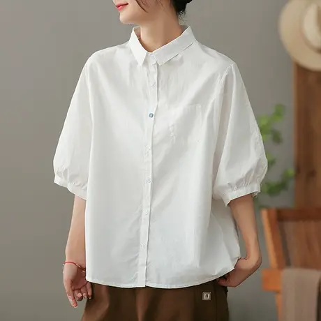 dza 复古纯棉短袖衬衫女士2023夏季白色翻领衬衣气质百搭开衫上衣商品大图