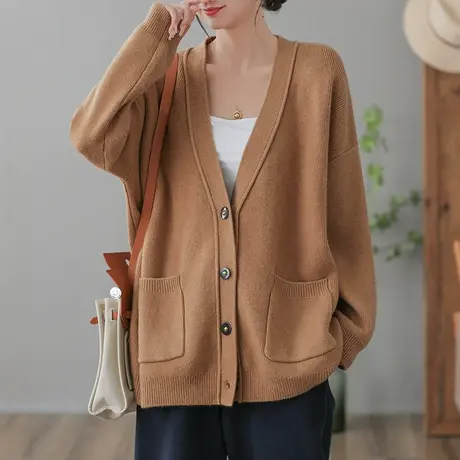 dza 复古宽松V领针织外套女士2023春秋新款休闲毛衣开衫长袖上衣图片