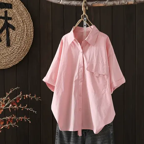 枫谜2023年夏季新款文艺简约纯色短袖衬衫女宽松显瘦口袋全棉衬衣商品大图
