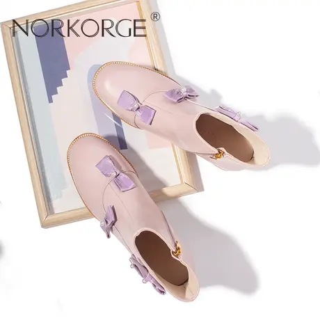 原创新款复古个性高级设计粉紫色瘦瘦靴短靴真皮拉链蝴蝶结新国风商品大图