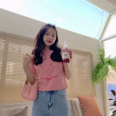 短T恤女2024春夏韩版休闲百搭泫雅风印花短袖chic短上衣潮商品大图