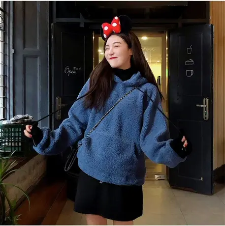 羊羔毛卫衣女加绒加厚2024年新款秋冬学生韩版宽松假两件连帽外套商品大图