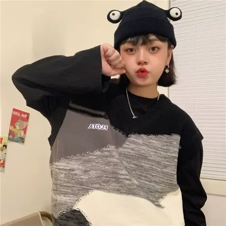 红续美式复古慵懒风小众设计感拼接马甲背心女V领宽松毛衣针织衫图片