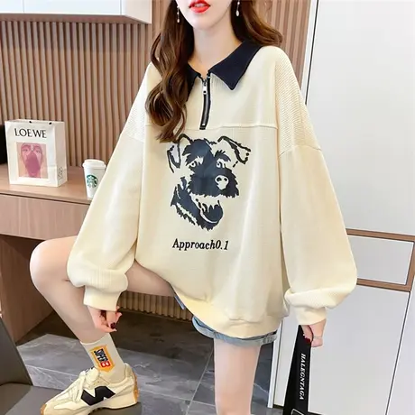 华夫格卫衣女春秋季韩版宽松大码薄款早秋百搭翻领polo衫上衣外套商品大图