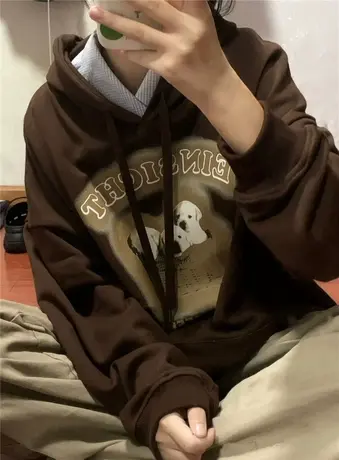 国潮vibe咖色加绒加厚卫衣女卡通设计感hiphop连帽外套ins上衣秋图片