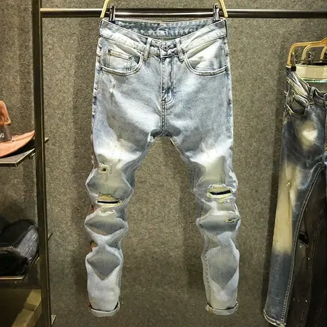 浅蓝色潮牌破洞补丁牛仔裤男士刮烂修身小脚裤潮流帅气百搭长裤子商品大图