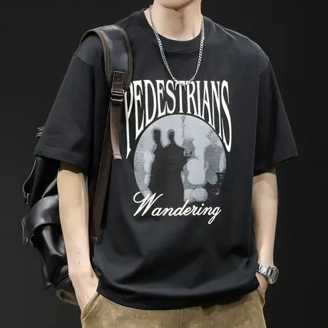 重磅短袖t恤男士夏季宽松大码潮牌2023新款男装纯棉黑色体恤男款商品大图