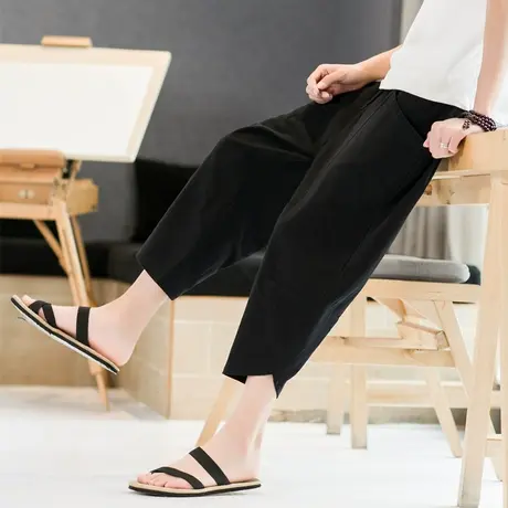 中国风唐装汉服裤子男夏季棉麻七分裤宽松直筒休闲短裤阔腿沙滩裤商品大图