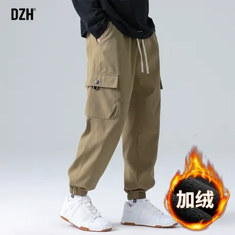 男生卡其色加绒工装裤男束脚宽松加厚休闲裤子2024年新款长裤冬季图片