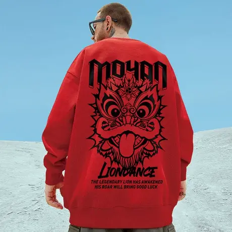 2025新款春秋圆领国潮本命年红色情侣卫衣男加绒加厚潮牌大码男装图片