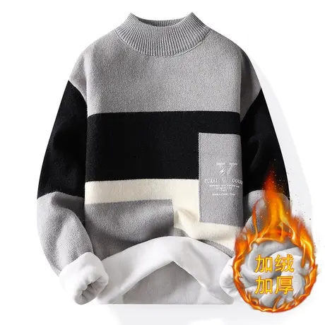 毛衣男士圆领加绒加厚秋冬季保暖套头针织衫拼色时尚内搭打底衫新商品大图