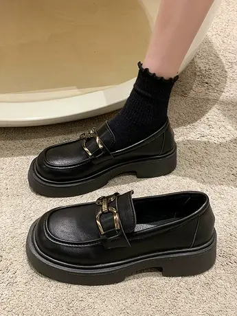 厚底小皮鞋女2023新款春秋季一脚蹬女鞋乐福鞋学院英伦风黑色单鞋商品大图