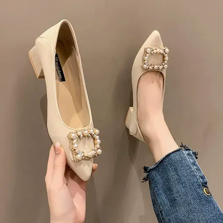永希单鞋女2024春季新款珍珠方扣尖头气质职业鞋法式中跟浅口女鞋商品大图