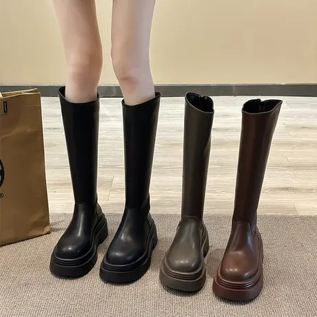 不过膝长筒靴子女秋冬2024新款小个子厚底长靴显瘦斜口高筒骑士靴商品大图