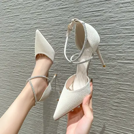 一字带尖头水钻高跟鞋女细跟2024年春夏季新款性感女神范气质单鞋图片