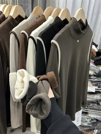 设计感洋气秋冬加绒加厚半高领宽松T恤女长袖内搭打底衫大码胖外商品大图