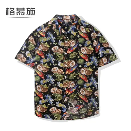 格慕施夏季纯棉衬衫男短袖休闲碎花旅游大码宽松印花青年衬衣商品大图