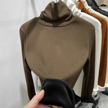 堆堆领一体绒长袖T恤女秋冬装修身显瘦德绒保暖打底衫内搭上衣服图片