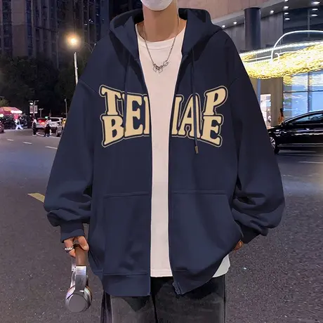 美式卫衣男春秋季新款加绒oversize复古连帽外套宽松潮牌加厚开衫商品大图