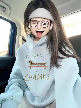 奶系原宿风蓝色连帽卫衣复古chic冬季外套潮ins大码减龄宽松上衣商品大图