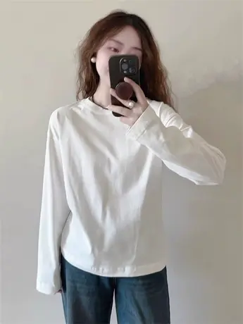 白色正肩内搭打底衫女秋冬宽松百搭纯棉磨毛加绒长袖t恤短款上衣商品大图