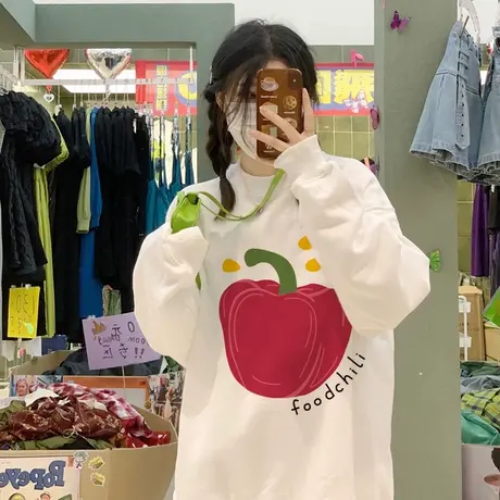 ins超火小辣椒印花卫衣女春秋薄款2024新款宽松休闲小众设计上衣商品大图