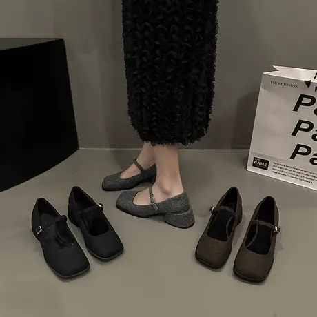 黑色高跟鞋秋冬女鞋子2024新款春秋季绒面英伦风小皮鞋玛丽珍单鞋商品大图