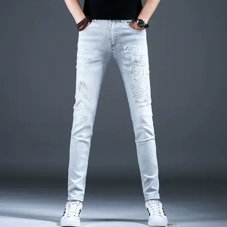 浅色灰色高档牛仔裤男款2024新款春秋男裤时尚烫钻潮流男小脚修身商品大图
