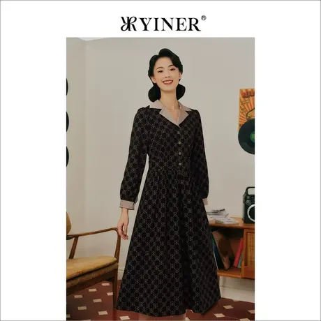 【1996系列】YINER音儿冬季100绵羊毛满印logo气质A字连衣裙商品大图